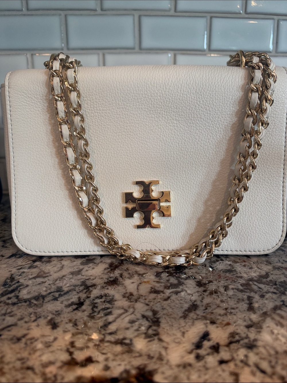 Tory Burch White Leather Chain Crossbody with Gold Logo